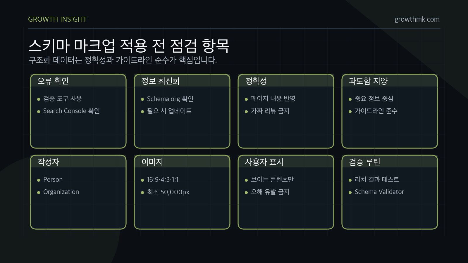 스키마 마크업 적용 시 오류 확인, 최신 정보 업데이트, 정확한 정보 제공, 과도한 마크업 지양, 가이드라인 준수, 작성자와 이미지 규격을 점검해야 한다.