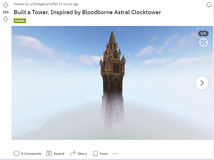 Hráč v Minecraftu postavil ikonickou stavbu z Bloodborne