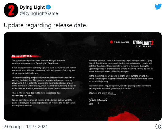 Na Dying Light 2 si ještě počkáme, hra se odkládá na příští rok