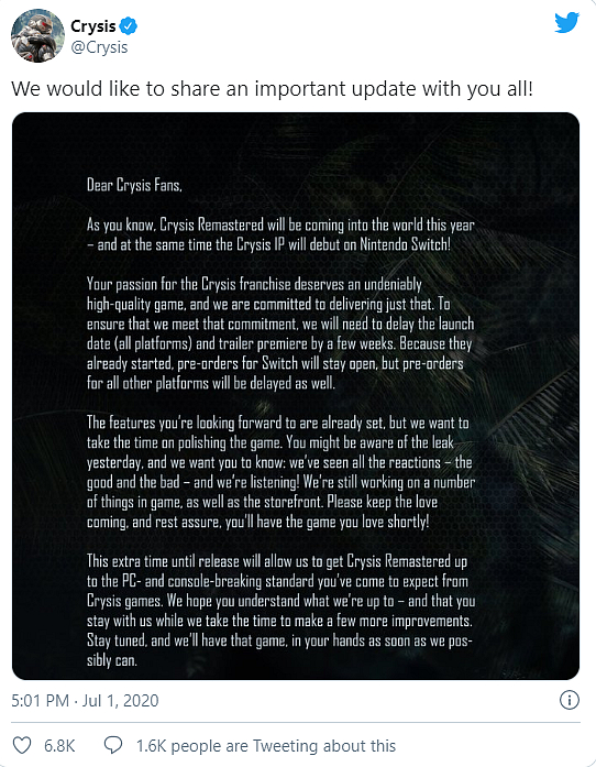 Crysis Remastered se odkládá o několik týdnů