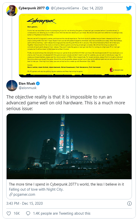 Elon Musk na Twitteru kritizuje Cyberpunk 2077