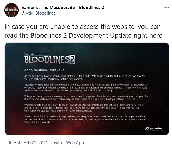 Bloodlines 2 je v problémech, hra mění vývojáře a odkládá se