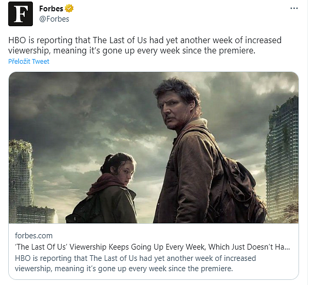 Sledovanost seriálu The Last of Us stoupá