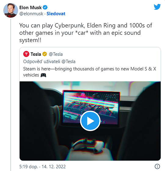 Tesla začíná podporovat Steam, zahrajete si Cyberpunk či Elden Ring