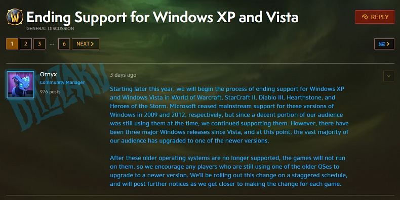 Blizzard ukončí podporu operačních systémů Windows XP a Vista