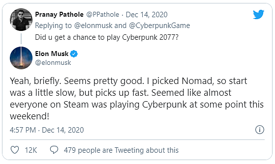 Elon Musk na Twitteru kritizuje Cyberpunk 2077