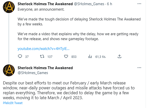 Sherlock Holmes The Awakened se odkládá o několik týdnů