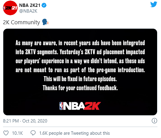 Reklamy z NBA 2K21 asi nezmizí, studio se omlouvá jen za špatné umístění