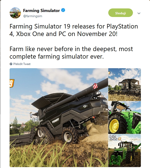 Nový Farming Simulator 19 výjde letos na podzim