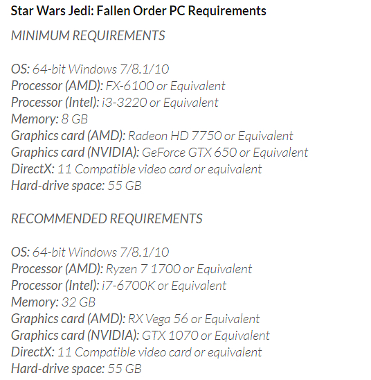 Známe hardwarové požadavky pro Star Wars Jedi: Fallen Order