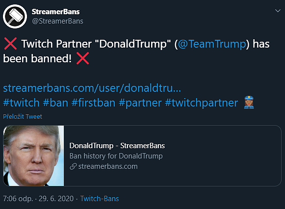 Donald Trump dostal ban na Twitch.tv