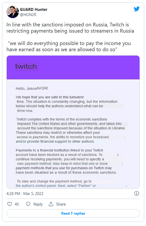 Ruští streameři v ohrožení, Twitch přestává vyplácet peníze