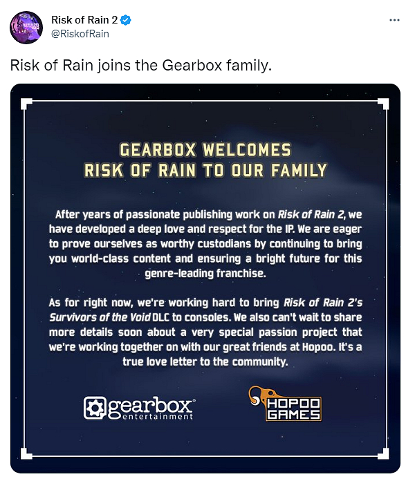 Gearbox kupuje značku Risk of Rain, s původními tvůrci pracuje na dalším projektu
