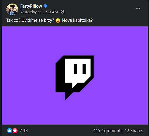 Návrat Fattypillowa na Twitch? Streamer to jasně naznačil