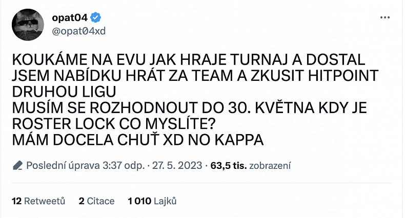 Streamer Opat dostal zákaz hrát v profi lize na jejíž akci se opil a působil potíže