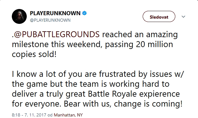 Playerunknown's Battlegrounds prodalo 20 milionů kopií