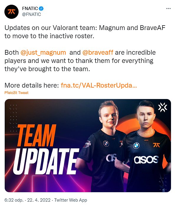 [VALORANT] Změny ve fnatic, Čech MAGNUM se přesouvá na lavičku