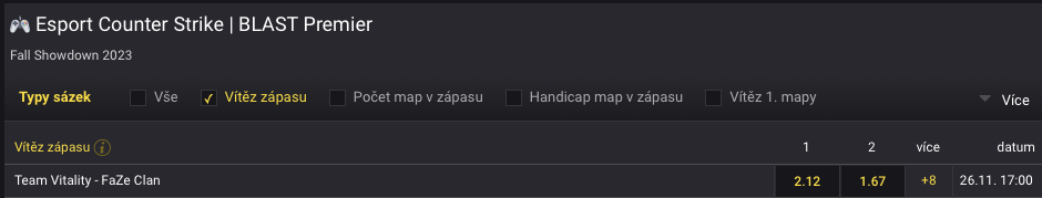 Finále BLAST Fall Finals je na spadnutí, co na to sázkovky?