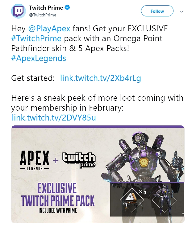 Twitch Prime balíček, nová zbraň a skin nyní v Apex Legends