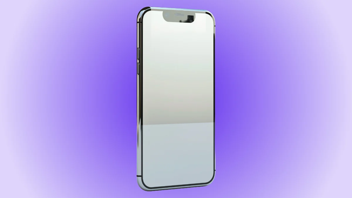 A futuristic iPhone image on the gradient purple background