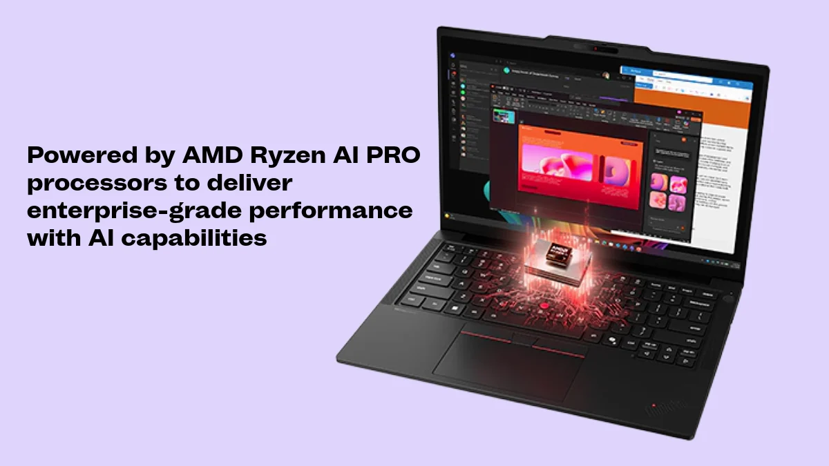 Image shows the Lenovo ThinkPad T14 Gen 7 AMD laptop on a light purple background (#ded4fb Gadget Salvation brand color).