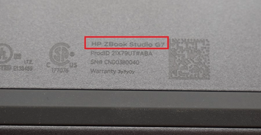 Close-up of the HP model number on the bottom label