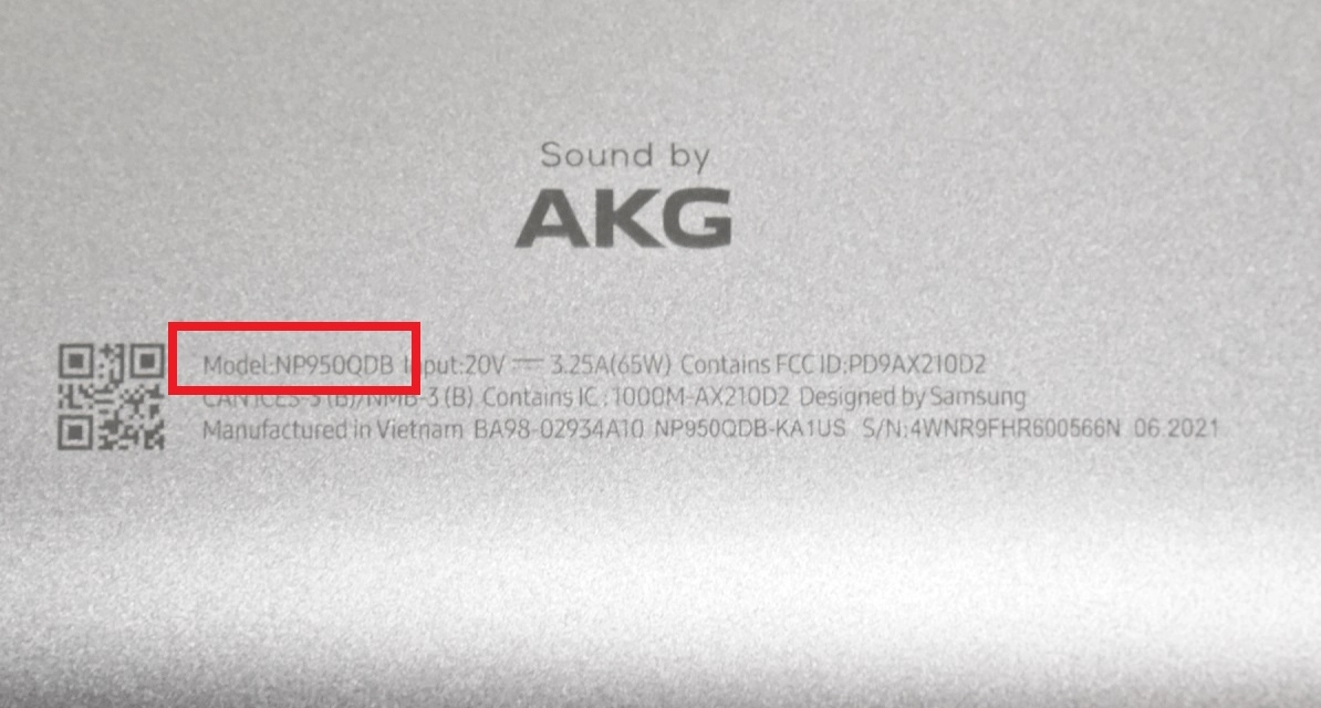 Close-up of the Samsung model number on the bottom label