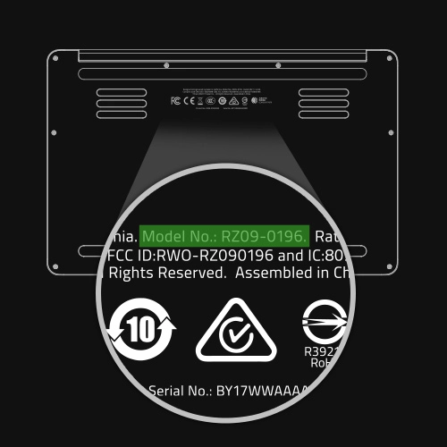 Underside of a Razer laptop showing the model number label