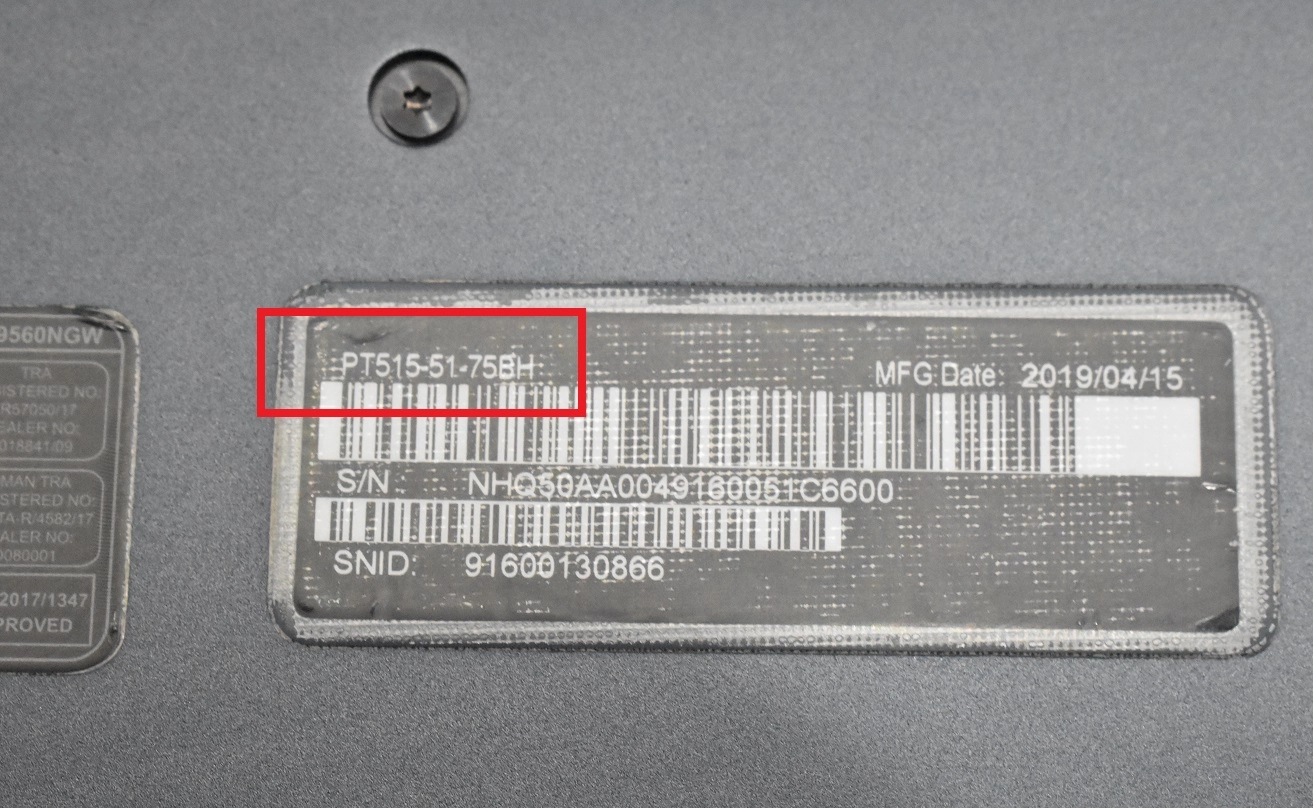 Close-up of the Acer model number on the bottom label