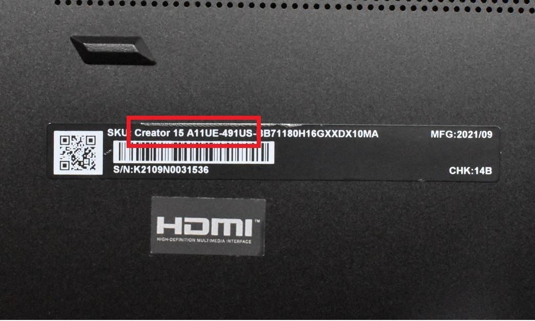 Close-up of the MSI model number on the bottom label