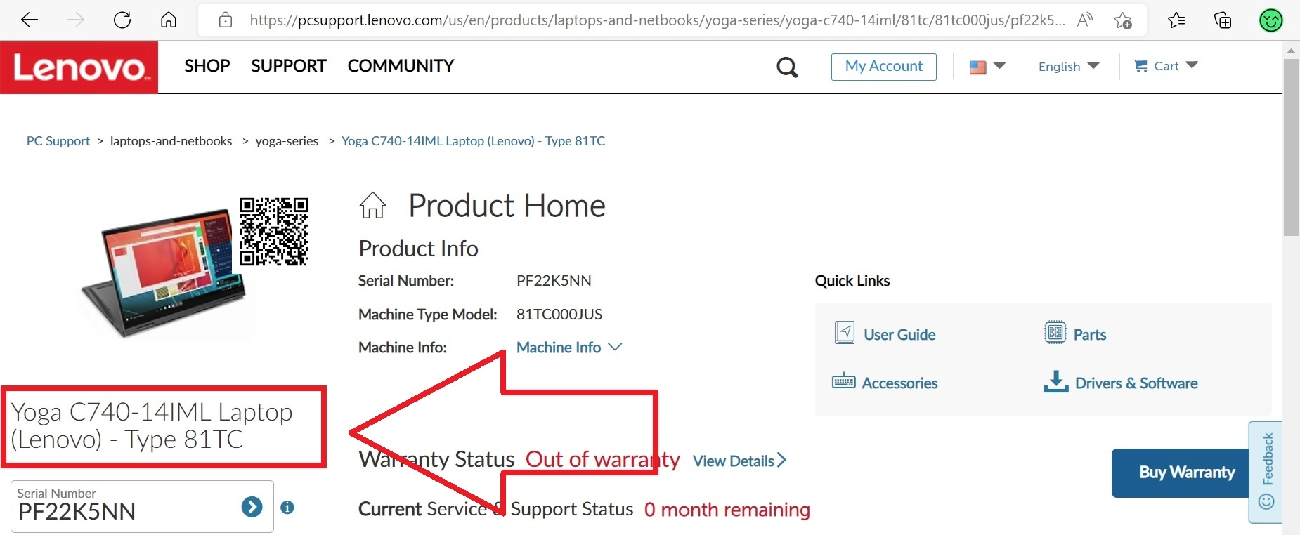 Lenovo Service Bridge results showing system type and serial number