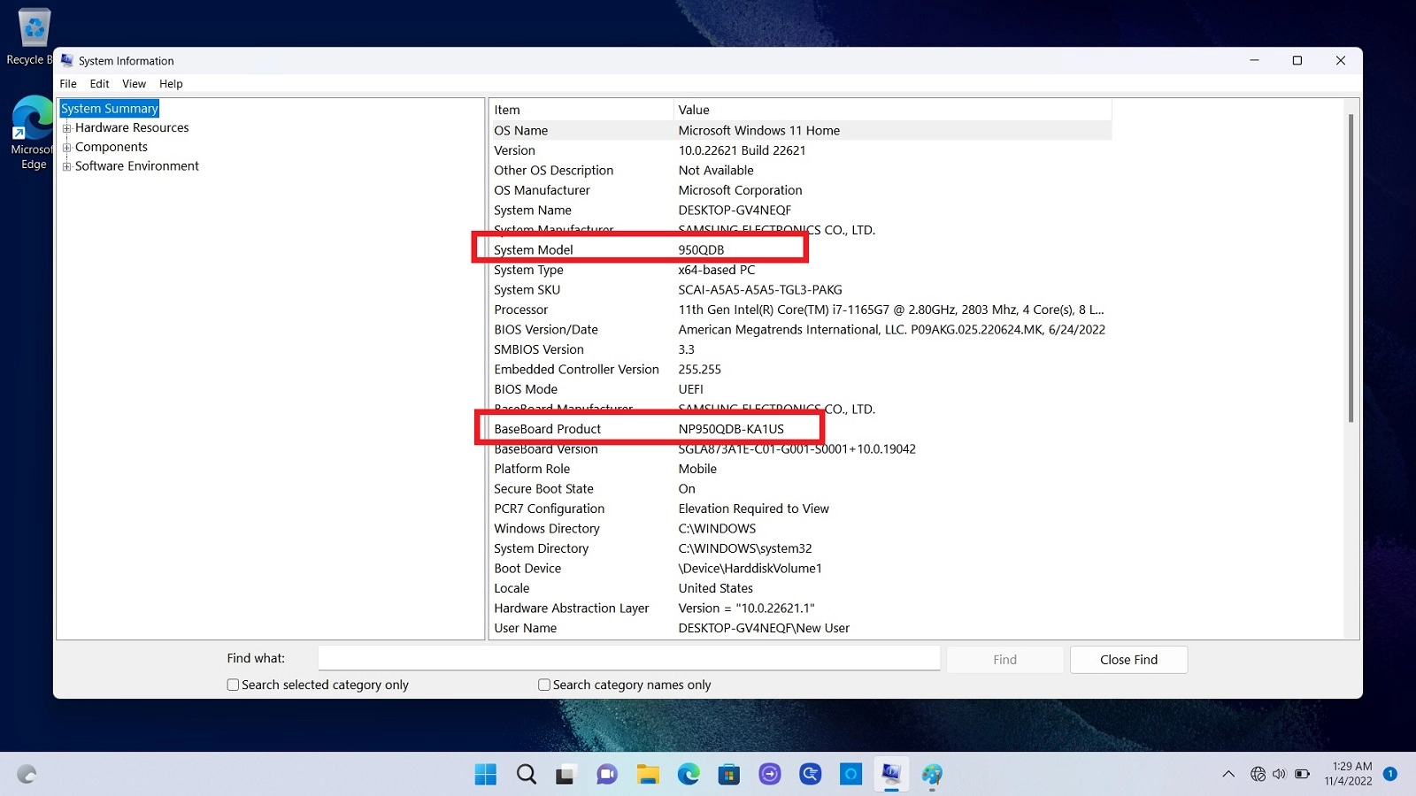 Windows System Information summary showing the Samsung system model and baseboard product number
