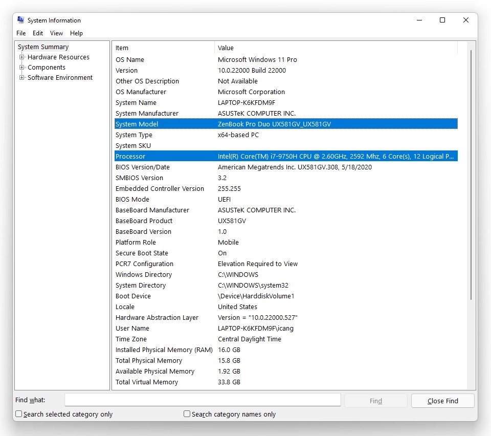 Windows System Information window showing the processor type