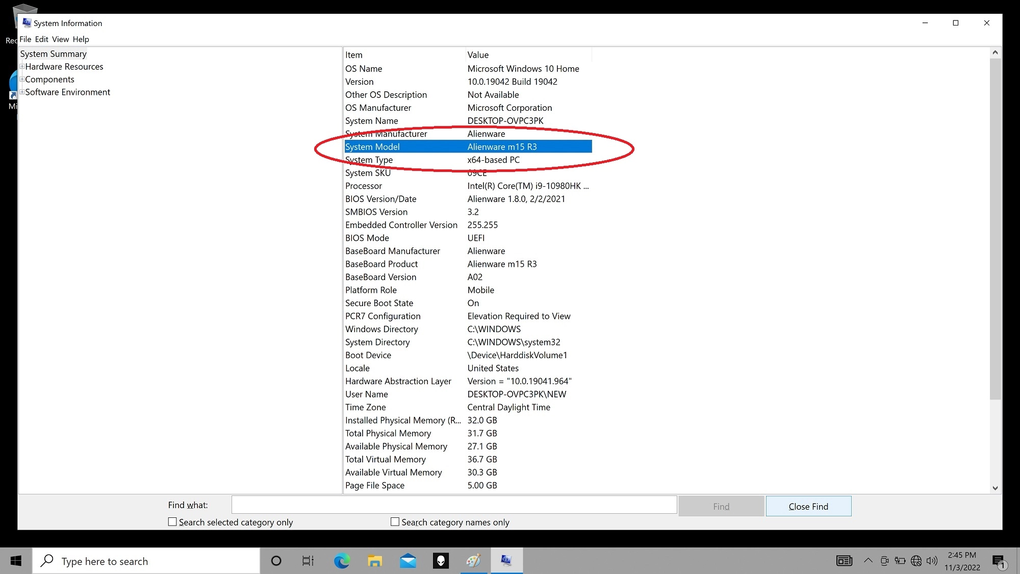 System Information window showing the Alienware system model and processor