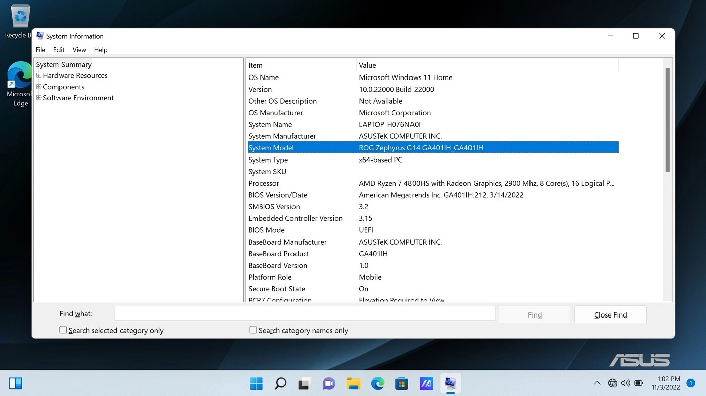 Windows System Information window showing the system model and processor