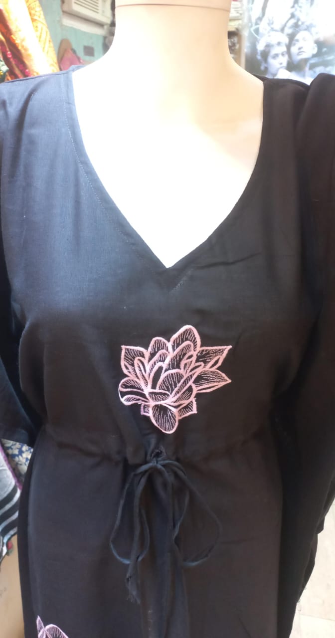 Artisanal Khadi Cotton Embroidered Kaftan for Women