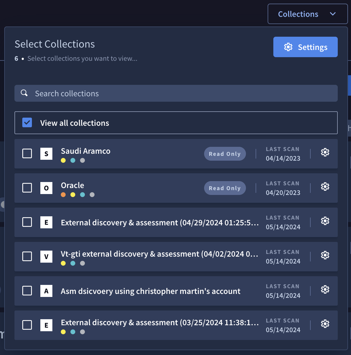 The expanded Collections menu in Attack Surface Management.