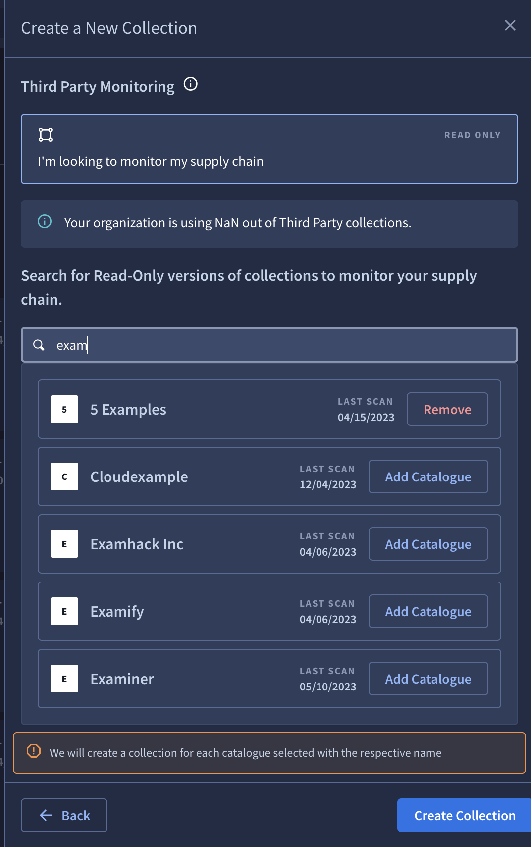 The Create a New Collection section showing the top five results when searching collections for 