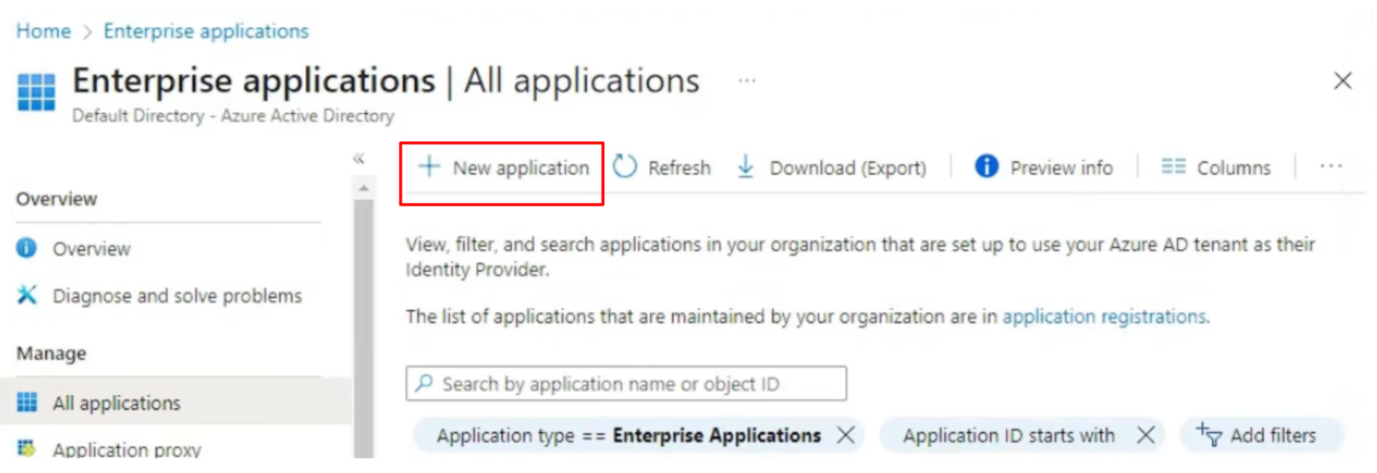 Create new application on azure