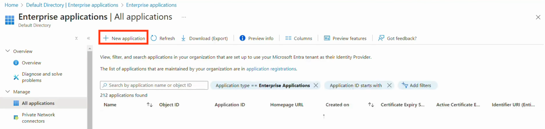 Create new application on Entra ID