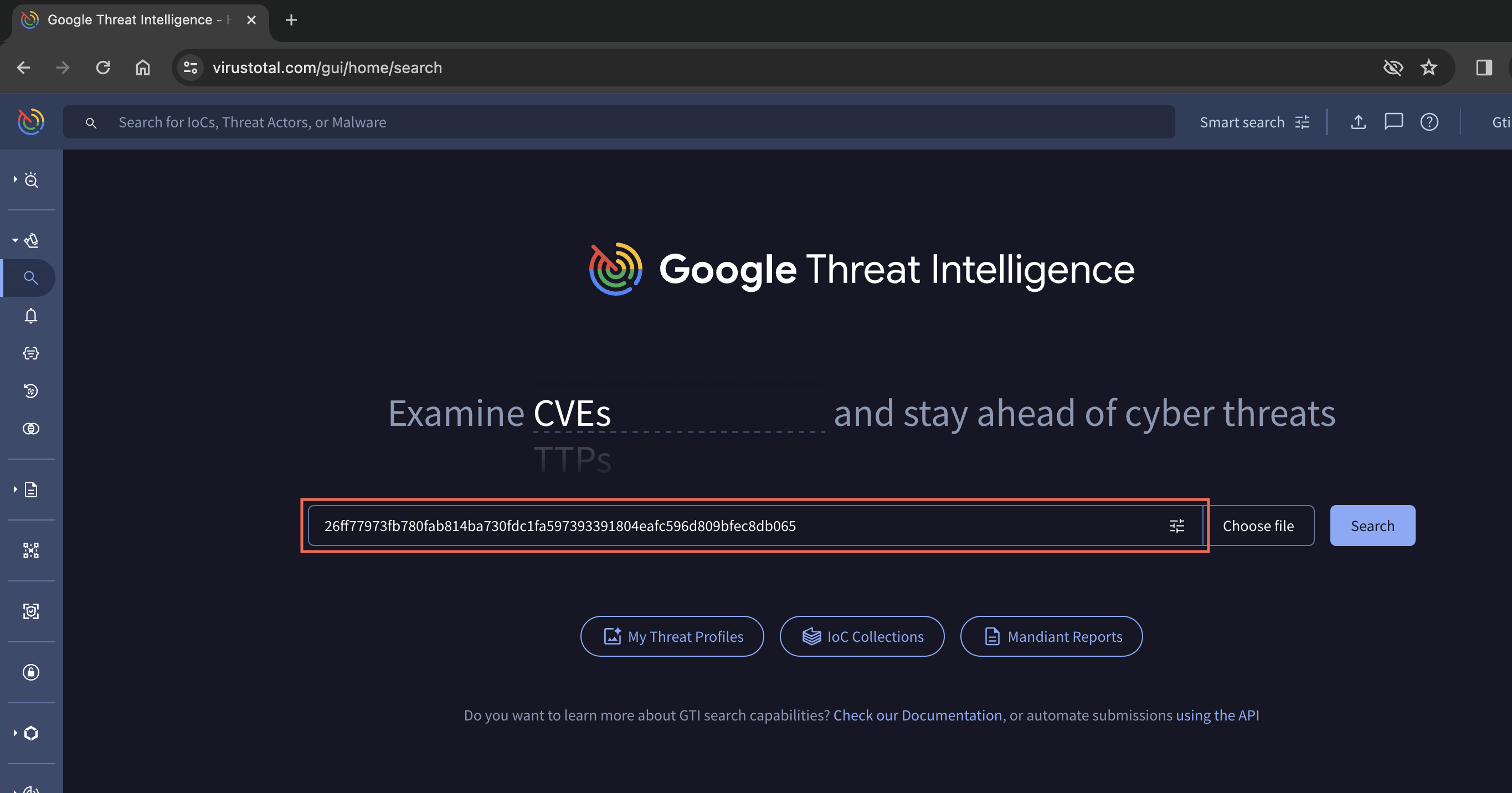 Google Threat Intelligence multiple hashes search