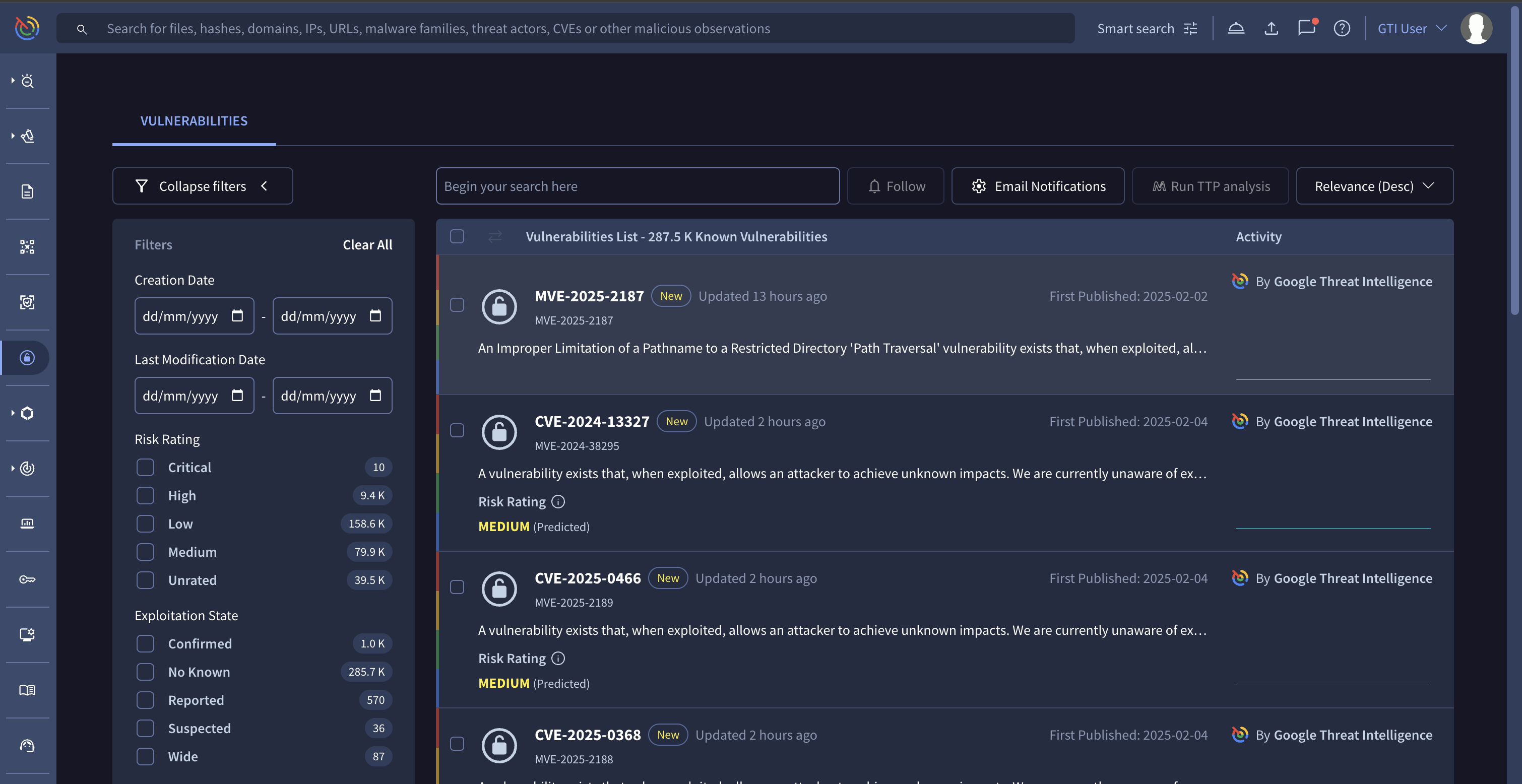 The Explore Vulnerabilities dashboard shows red boxes highlighting Most Active Vulnerabilities, Top Trending Vulnerability, Relevant Reporting, and the Vulnerability List.
