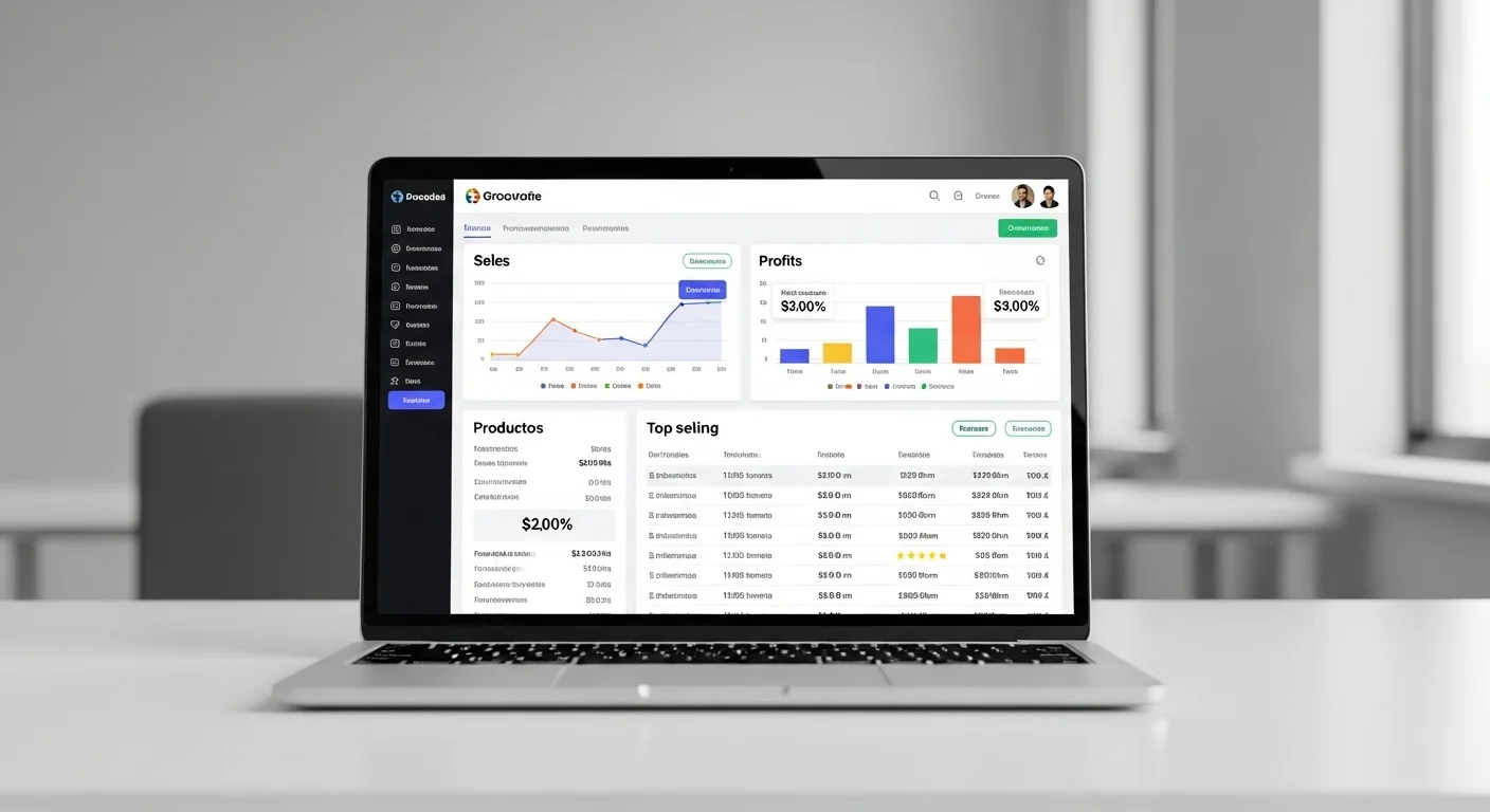 Dashboard de un abarrotes software mostrando gráficos de ventas, ganancias y productos más vendidos en una computadora portátil.