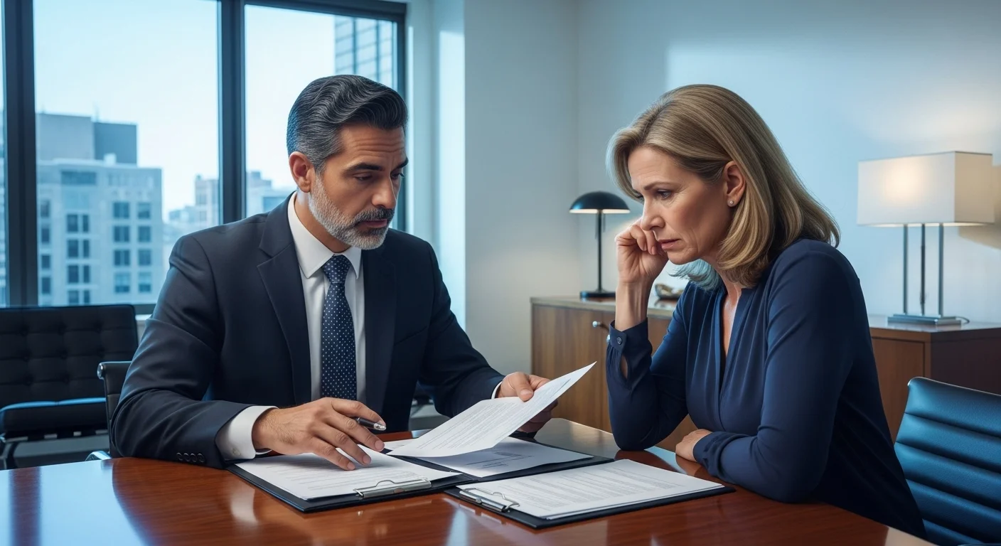 Un abogado de divorcio con traje explica documentos legales a un cliente preocupado en una oficina moderna, simbolizando la asesoría y el apoyo legal durante el proceso.