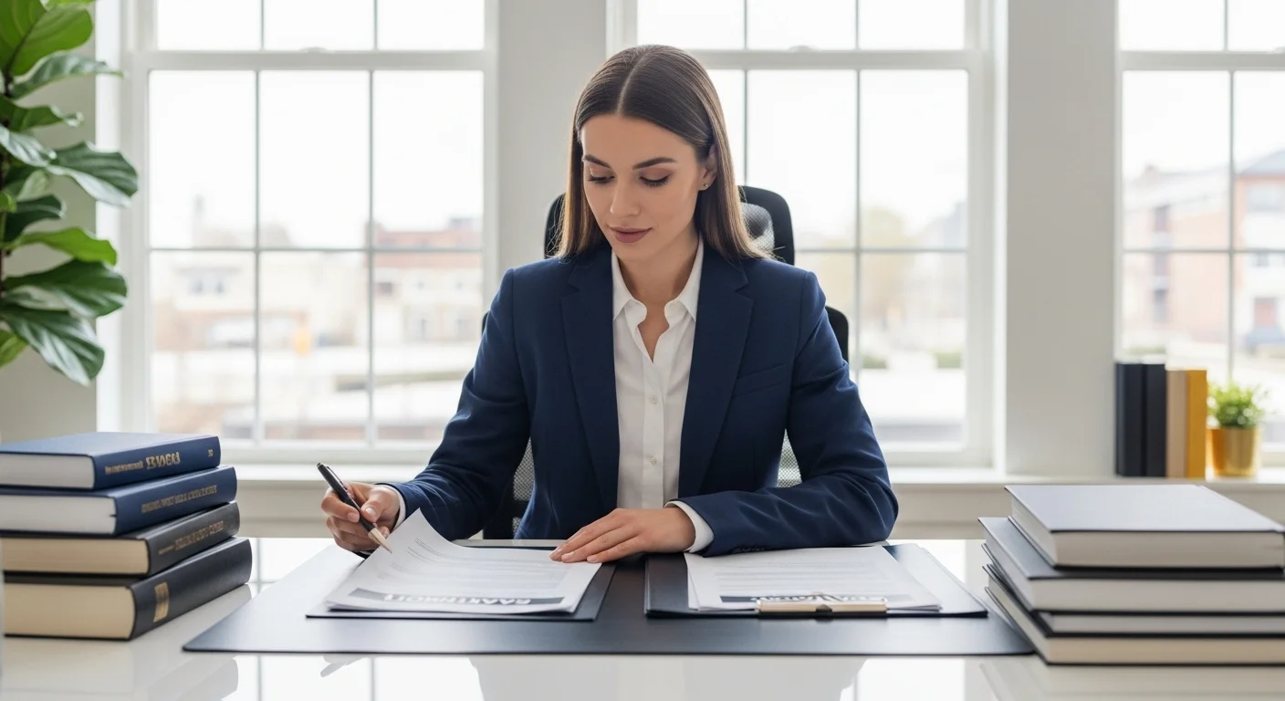 Abogado inmobiliario profesional revisando un contrato de compraventa en su despacho.
