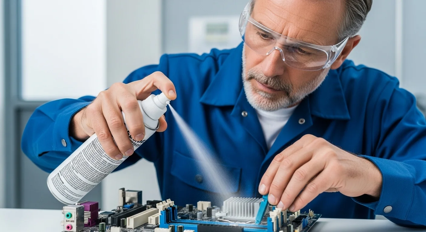 Una persona usando un aerosol de alcohol isopropílico para limpiar cuidadosamente una placa base de computadora.