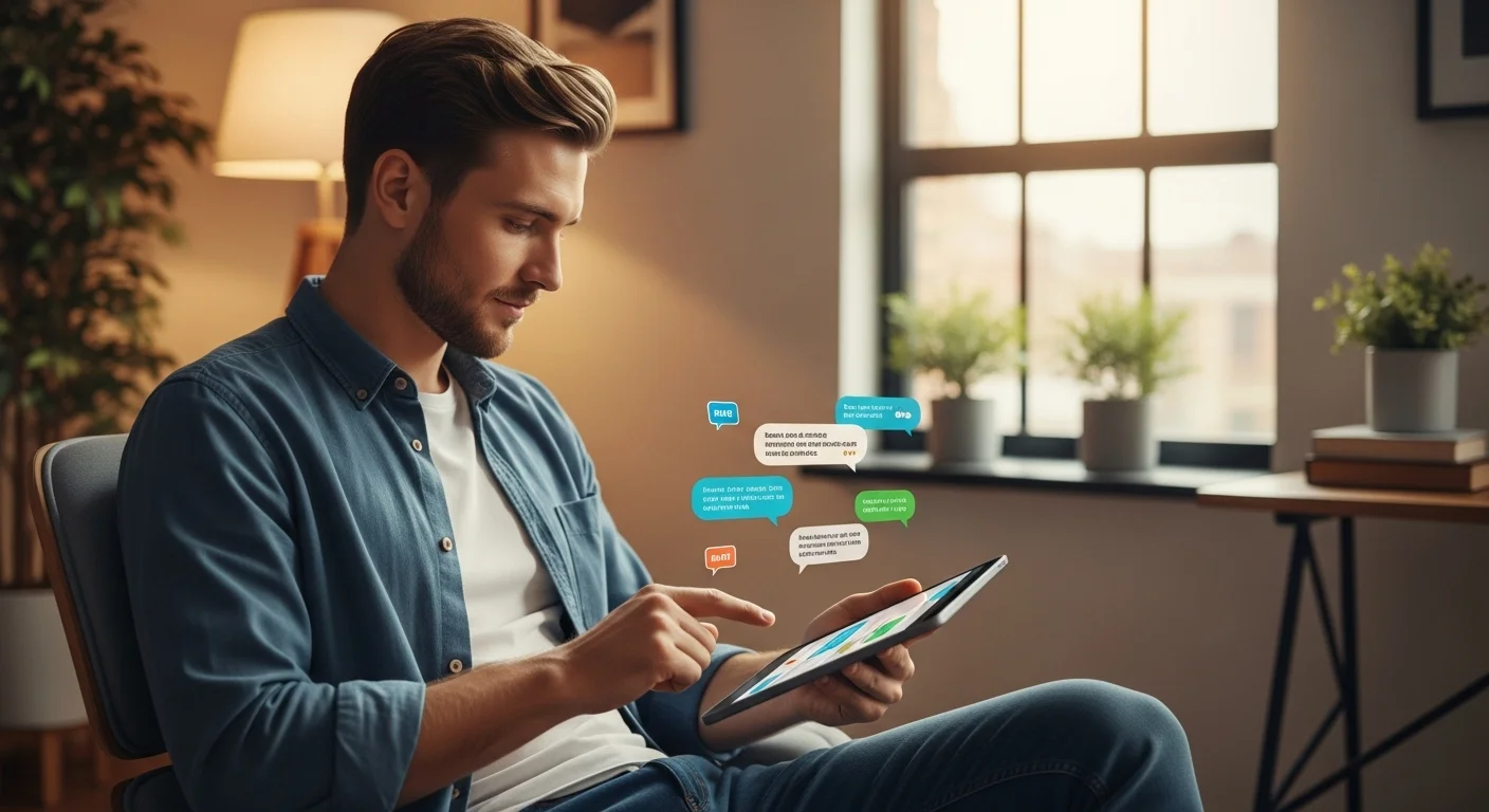 Una persona interactuando con un inteligencia artificial online chat en una tablet, con burbujas de diálogo fluyendo en la pantalla.