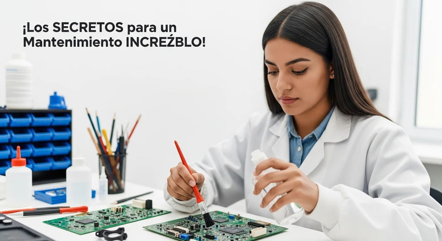 Un técnico utilizando un cepillo antiestático y alcohol isopropílico para limpiar meticulosamente una placa de circuito impreso.