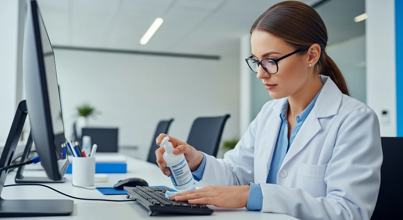 Una persona utilizando una solución cuya alcohol de limpieza composicion se basa en isopropanol para limpiar un teclado de ordenador.