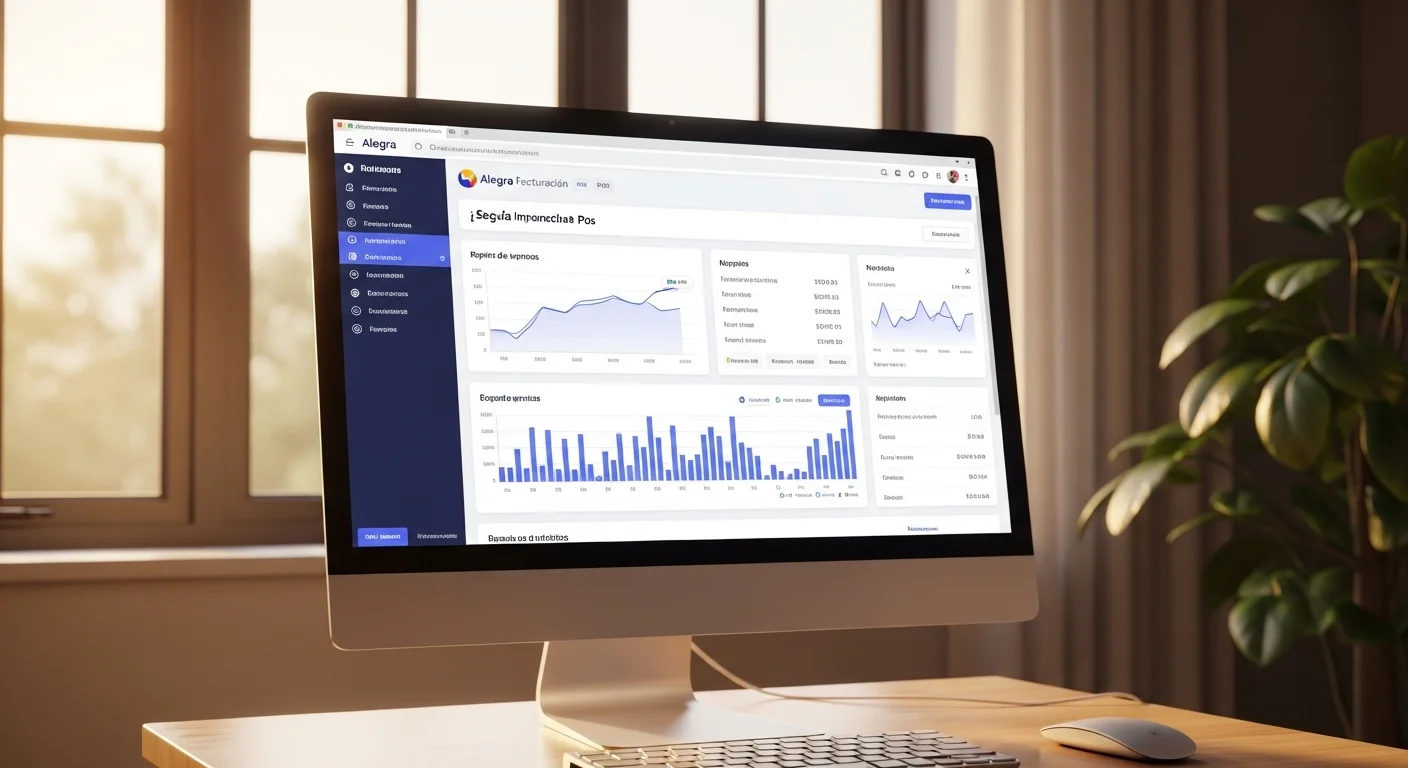 Primer plano de la interfaz de Alegra Facturación POS en un computador, mostrando un dashboard con gráficos de ventas e informes de negocio.